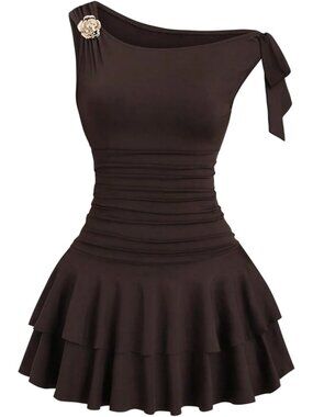 Women's Mini Dress Coffee Off Shoulder Neck A-line Sleeveless Bodycon Pull Over